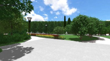 Memleketin peyzaj tasarımının 3 boyutlu görüntüsü. Bölgenin peyzajı. Birleşik peyzaj ve peyzaj çözümlerinin bilgisayar görselleştirmesi.