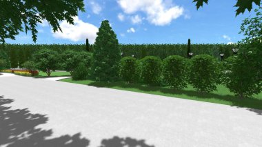 Memleketin peyzaj tasarımının 3 boyutlu görüntüsü. Bölgenin peyzajı. Birleşik peyzaj ve peyzaj çözümlerinin bilgisayar görselleştirmesi.