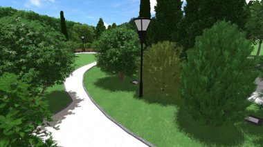 Memleketin peyzaj tasarımının 3 boyutlu görüntüsü. Bölgenin peyzajı. Birleşik peyzaj ve peyzaj çözümlerinin bilgisayar görselleştirmesi.