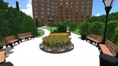 Memleketin peyzaj tasarımının 3 boyutlu görüntüsü. Bölgenin peyzajı. Birleşik peyzaj ve peyzaj çözümlerinin bilgisayar görselleştirmesi.