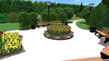 Memleketin peyzaj tasarımının 3 boyutlu görüntüsü. Bölgenin peyzajı. Birleşik peyzaj ve peyzaj çözümlerinin bilgisayar görselleştirmesi.