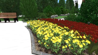 Memleketin peyzaj tasarımının 3 boyutlu görüntüsü. Bölgenin peyzajı. Birleşik peyzaj ve peyzaj çözümlerinin bilgisayar görselleştirmesi.