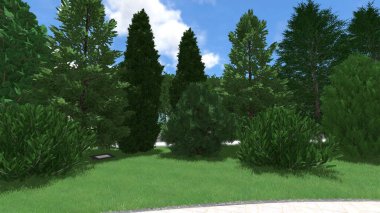 Memleketin peyzaj tasarımının 3 boyutlu görüntüsü. Bölgenin peyzajı. Birleşik peyzaj ve peyzaj çözümlerinin bilgisayar görselleştirmesi.