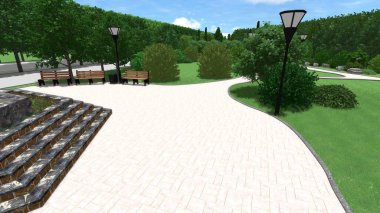 Memleketin peyzaj tasarımının 3 boyutlu görüntüsü. Bölgenin peyzajı. Birleşik peyzaj ve peyzaj çözümlerinin bilgisayar görselleştirmesi.