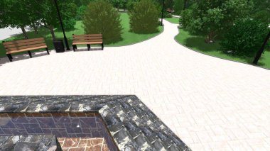 Memleketin peyzaj tasarımının 3 boyutlu görüntüsü. Bölgenin peyzajı. Birleşik peyzaj ve peyzaj çözümlerinin bilgisayar görselleştirmesi.