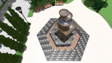 Memleketin peyzaj tasarımının 3 boyutlu görüntüsü. Bölgenin peyzajı. Birleşik peyzaj ve peyzaj çözümlerinin bilgisayar görselleştirmesi.