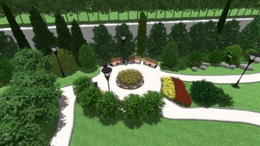 Memleketin peyzaj tasarımının 3 boyutlu görüntüsü. Bölgenin peyzajı. Birleşik peyzaj ve peyzaj çözümlerinin bilgisayar görselleştirmesi.