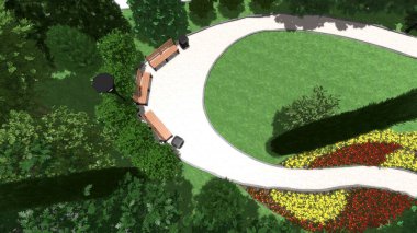 Memleketin peyzaj tasarımının 3 boyutlu görüntüsü. Bölgenin peyzajı. Birleşik peyzaj ve peyzaj çözümlerinin bilgisayar görselleştirmesi.