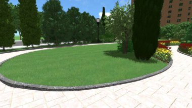 Memleketin peyzaj tasarımının 3 boyutlu görüntüsü. Bölgenin peyzajı. Birleşik peyzaj ve peyzaj çözümlerinin bilgisayar görselleştirmesi.