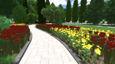 Memleketin peyzaj tasarımının 3 boyutlu görüntüsü. Bölgenin peyzajı. Birleşik peyzaj ve peyzaj çözümlerinin bilgisayar görselleştirmesi.