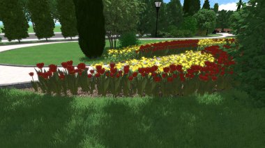 Memleketin peyzaj tasarımının 3 boyutlu görüntüsü. Bölgenin peyzajı. Birleşik peyzaj ve peyzaj çözümlerinin bilgisayar görselleştirmesi.