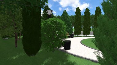 Memleketin peyzaj tasarımının 3 boyutlu görüntüsü. Bölgenin peyzajı. Birleşik peyzaj ve peyzaj çözümlerinin bilgisayar görselleştirmesi.