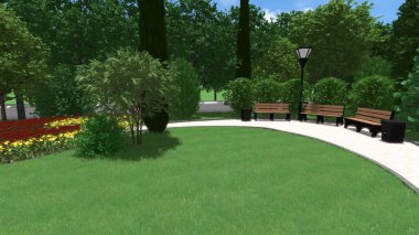 Memleketin peyzaj tasarımının 3 boyutlu görüntüsü. Bölgenin peyzajı. Birleşik peyzaj ve peyzaj çözümlerinin bilgisayar görselleştirmesi.