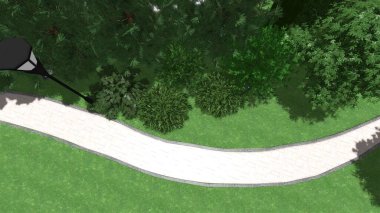 Memleketin peyzaj tasarımının 3 boyutlu görüntüsü. Bölgenin peyzajı. Birleşik peyzaj ve peyzaj çözümlerinin bilgisayar görselleştirmesi.