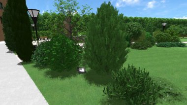 Memleketin peyzaj tasarımının 3 boyutlu görüntüsü. Bölgenin peyzajı. Birleşik peyzaj ve peyzaj çözümlerinin bilgisayar görselleştirmesi.