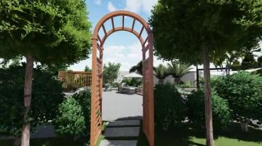 Şehir bahçesinin peyzaj tasarımının panoramik videosu. Park manzarasının avantajlı bir noktasından panoramik manzara.