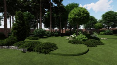 Memleketin peyzaj tasarımının 3 boyutlu görüntüsü. Bölgenin peyzajı. Birleşik peyzaj ve peyzaj çözümlerinin bilgisayar görselleştirmesi.