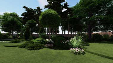 Memleketin peyzaj tasarımının 3 boyutlu görüntüsü. Bölgenin peyzajı. Birleşik peyzaj ve peyzaj çözümlerinin bilgisayar görselleştirmesi.