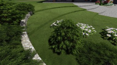 Memleketin peyzaj tasarımının 3 boyutlu görüntüsü. Bölgenin peyzajı. Birleşik peyzaj ve peyzaj çözümlerinin bilgisayar görselleştirmesi.