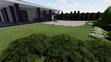 Memleketin peyzaj tasarımının 3 boyutlu görüntüsü. Bölgenin peyzajı. Birleşik peyzaj ve peyzaj çözümlerinin bilgisayar görselleştirmesi.