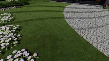 Memleketin peyzaj tasarımının 3 boyutlu görüntüsü. Bölgenin peyzajı. Birleşik peyzaj ve peyzaj çözümlerinin bilgisayar görselleştirmesi.