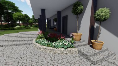 Memleketin peyzaj tasarımının 3 boyutlu görüntüsü. Bölgenin peyzajı. Birleşik peyzaj ve peyzaj çözümlerinin bilgisayar görselleştirmesi.