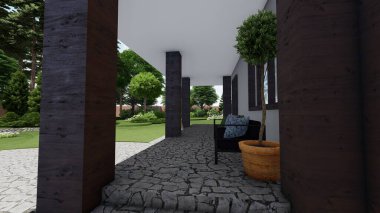 Memleketin peyzaj tasarımının 3 boyutlu görüntüsü. Bölgenin peyzajı. Birleşik peyzaj ve peyzaj çözümlerinin bilgisayar görselleştirmesi.