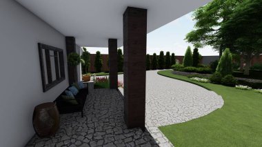 Memleketin peyzaj tasarımının 3 boyutlu görüntüsü. Bölgenin peyzajı. Birleşik peyzaj ve peyzaj çözümlerinin bilgisayar görselleştirmesi.