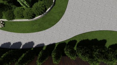 Memleketin peyzaj tasarımının 3 boyutlu görüntüsü. Bölgenin peyzajı. Birleşik peyzaj ve peyzaj çözümlerinin bilgisayar görselleştirmesi.