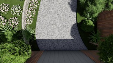 Memleketin peyzaj tasarımının 3 boyutlu görüntüsü. Bölgenin peyzajı. Birleşik peyzaj ve peyzaj çözümlerinin bilgisayar görselleştirmesi.