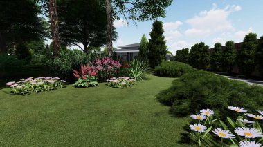 Memleketin peyzaj tasarımının 3 boyutlu görüntüsü. Bölgenin peyzajı. Birleşik peyzaj ve peyzaj çözümlerinin bilgisayar görselleştirmesi.