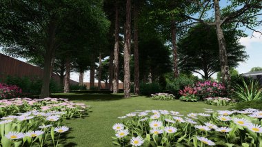 Memleketin peyzaj tasarımının 3 boyutlu görüntüsü. Bölgenin peyzajı. Birleşik peyzaj ve peyzaj çözümlerinin bilgisayar görselleştirmesi.