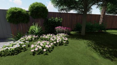 Memleketin peyzaj tasarımının 3 boyutlu görüntüsü. Bölgenin peyzajı. Birleşik peyzaj ve peyzaj çözümlerinin bilgisayar görselleştirmesi.