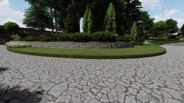 Memleketin peyzaj tasarımının 3 boyutlu görüntüsü. Bölgenin peyzajı. Birleşik peyzaj ve peyzaj çözümlerinin bilgisayar görselleştirmesi.