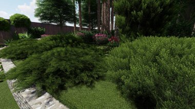 Memleketin peyzaj tasarımının 3 boyutlu görüntüsü. Bölgenin peyzajı. Birleşik peyzaj ve peyzaj çözümlerinin bilgisayar görselleştirmesi.