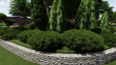 Memleketin peyzaj tasarımının 3 boyutlu görüntüsü. Bölgenin peyzajı. Birleşik peyzaj ve peyzaj çözümlerinin bilgisayar görselleştirmesi.