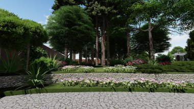 Memleketin peyzaj tasarımının 3 boyutlu görüntüsü. Bölgenin peyzajı. Birleşik peyzaj ve peyzaj çözümlerinin bilgisayar görselleştirmesi.