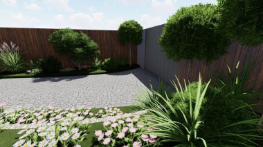 Memleketin peyzaj tasarımının 3 boyutlu görüntüsü. Bölgenin peyzajı. Birleşik peyzaj ve peyzaj çözümlerinin bilgisayar görselleştirmesi.