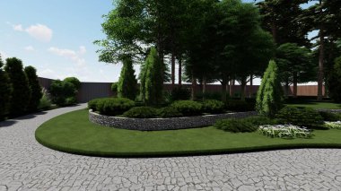 Memleketin peyzaj tasarımının 3 boyutlu görüntüsü. Bölgenin peyzajı. Birleşik peyzaj ve peyzaj çözümlerinin bilgisayar görselleştirmesi.