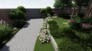 Memleketin peyzaj tasarımının 3 boyutlu görüntüsü. Bölgenin peyzajı. Birleşik peyzaj ve peyzaj çözümlerinin bilgisayar görselleştirmesi.