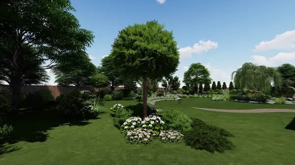 Memleketin peyzaj tasarımının 3 boyutlu görüntüsü. Bölgenin peyzajı. Birleşik peyzaj ve peyzaj çözümlerinin bilgisayar görselleştirmesi.