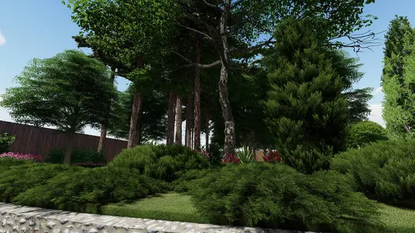 Memleketin peyzaj tasarımının 3 boyutlu görüntüsü. Bölgenin peyzajı. Birleşik peyzaj ve peyzaj çözümlerinin bilgisayar görselleştirmesi.