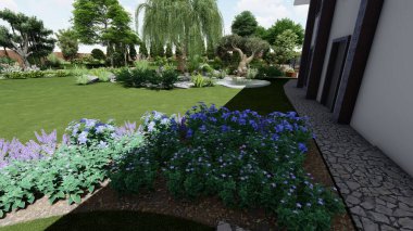 Memleketin peyzaj tasarımının 3 boyutlu görüntüsü. Bölgenin peyzajı. Birleşik peyzaj ve peyzaj çözümlerinin bilgisayar görselleştirmesi.