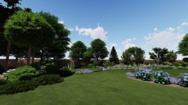 Memleketin peyzaj tasarımının 3 boyutlu görüntüsü. Bölgenin peyzajı. Birleşik peyzaj ve peyzaj çözümlerinin bilgisayar görselleştirmesi.