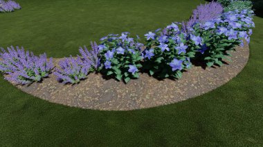 Memleketin peyzaj tasarımının 3 boyutlu görüntüsü. Bölgenin peyzajı. Birleşik peyzaj ve peyzaj çözümlerinin bilgisayar görselleştirmesi.