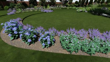 Memleketin peyzaj tasarımının 3 boyutlu görüntüsü. Bölgenin peyzajı. Birleşik peyzaj ve peyzaj çözümlerinin bilgisayar görselleştirmesi.