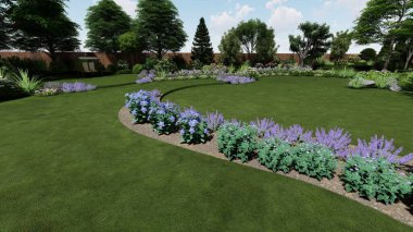 Memleketin peyzaj tasarımının 3 boyutlu görüntüsü. Bölgenin peyzajı. Birleşik peyzaj ve peyzaj çözümlerinin bilgisayar görselleştirmesi.