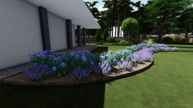 Memleketin peyzaj tasarımının 3 boyutlu görüntüsü. Bölgenin peyzajı. Birleşik peyzaj ve peyzaj çözümlerinin bilgisayar görselleştirmesi.