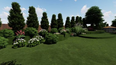 Memleketin peyzaj tasarımının 3 boyutlu görüntüsü. Bölgenin peyzajı. Birleşik peyzaj ve peyzaj çözümlerinin bilgisayar görselleştirmesi.