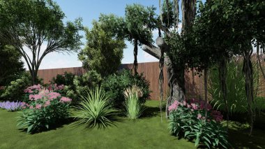 Memleketin peyzaj tasarımının 3 boyutlu görüntüsü. Bölgenin peyzajı. Birleşik peyzaj ve peyzaj çözümlerinin bilgisayar görselleştirmesi.